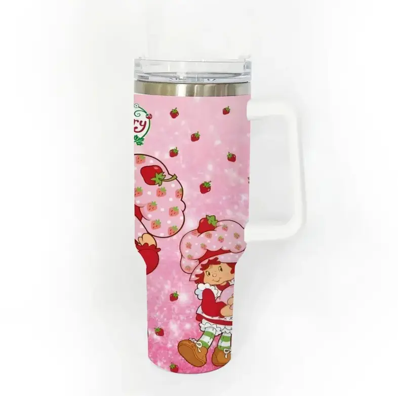 [Vintage Strawberry Style] Strawberry Shortcake Inspired Tumbler 40oz 20oz With Handle, Cute Strawberry Cartoon Pattern Stainless Steel Insulated Travel Cup, Retro Sweet Drinkware Gift For Fans