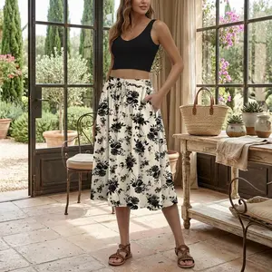 Women's Summer Midi Skirt - Pleated Flowy Elastic High Waisted Skirt with Pockets, Lightweight Breathable Casual Skirt Perfect for Daily Wear, Beach, Vacation, Shopping, and Office Outfits