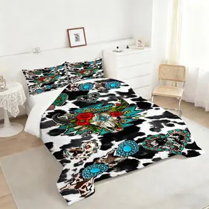 2/3Pcs Western Bohemian Cow Skull Comforter Set, Turquoise Geometric Pattern Bedding Set, Plush Quilted Comforter with Floral Accents for a Vibrant Bedroom Decor, Perfect for Stylish Home Makeover., 1 or 2 Pillowcase No Pillow Core