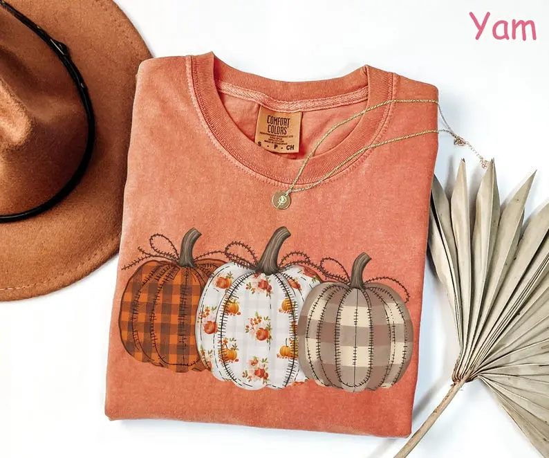 Comfort Colors Pumpkin Shirt, Boho Fall Pumpkin T-Shirt, Patchwork Pumpkin Tee, Cute Autumn Shirt, Fall Harvest Shirt, Pumpkin Patch Shirt