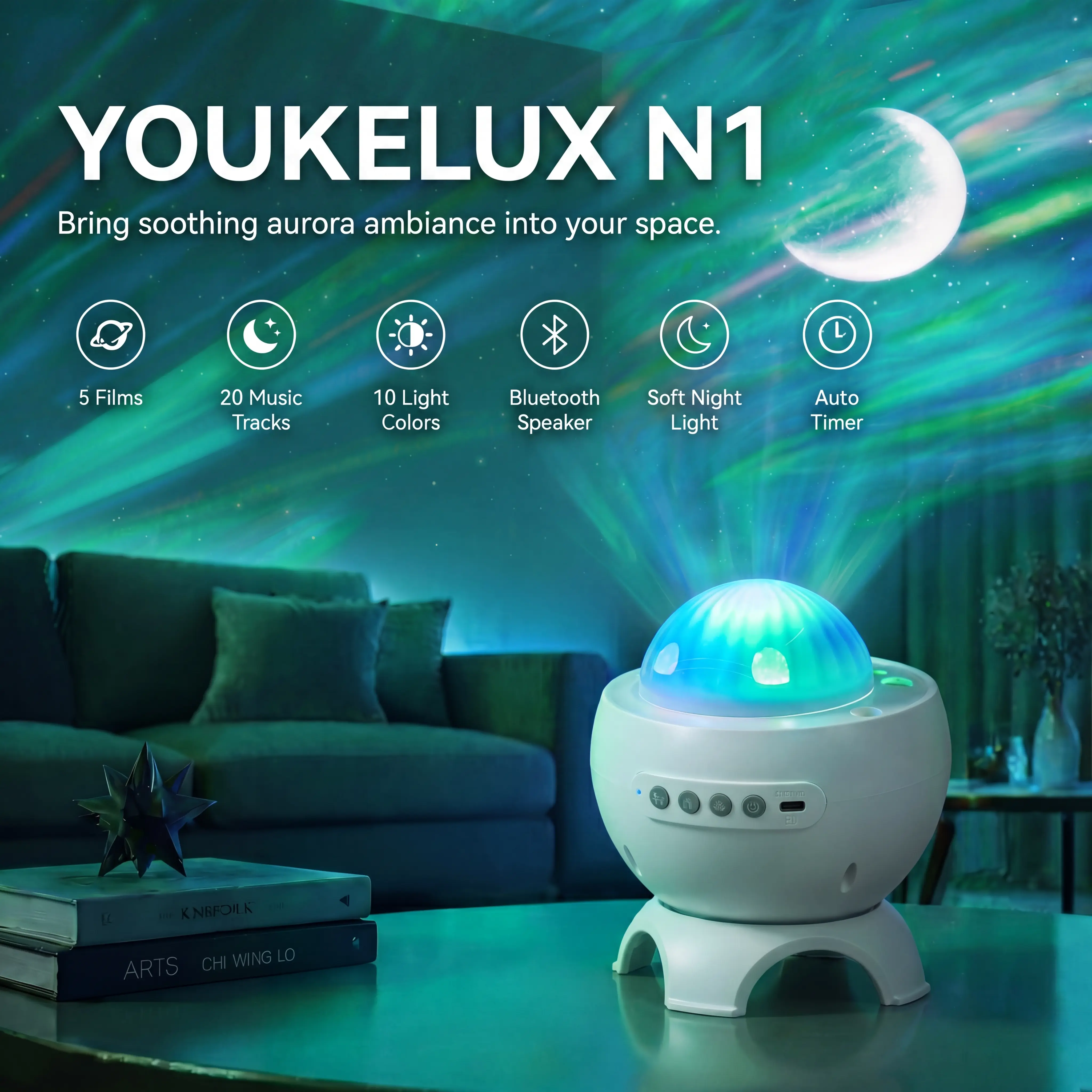 YOUKELUX Rechargeable Northern Light Projector Aurora Light with 5 Rotation Films,20 White Noise Music,10 Changing Colors,Bluetooth Speaker,Auto Timer Ambient Light Star Projector for Bedroom