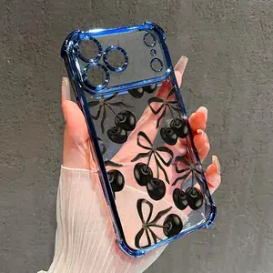 Black Cherry Pattern Four Corner Anti-Fall Phone Case Transparent Electroplated Protective Cover for iPhone 17 16 Pro Max 15 Plus 14 13 12 11 E Air