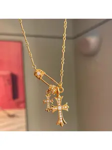 Trendy Safety Pin & Cross Necklace | Iced Out Unique Design | Perfect for Layering & Street Style Cross Design Pendant