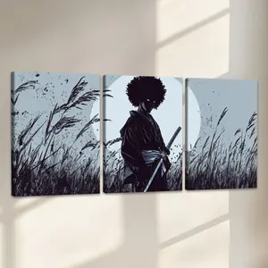 Samurai Pattern Canvas Painting with Frame, 3 Counts Modern Wall Art Painting, Wooden Wall Art, Wall Art Decor for Home Living Room Bedroom Office