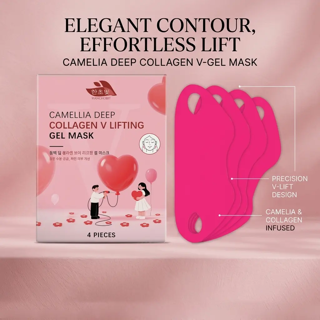Hanchobit Camellia Collagen V Lifting Mask, 4 Pack of Hydrating Hydrogel Sheets for Jawline & Neck Contouring, Ear-Hook Design for All Skin Types