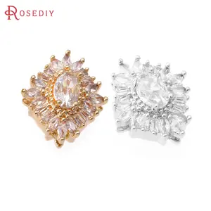 2PCS 18K Gold Color Brass and Zircon Rhombus Spacer Bracelet Beads Charms  Diy Jewelry Accessories Making Supplies