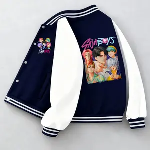 Kpop Print Baseball Jacket for Toddler Girls Cartoon Print Regular Fit Autumn Casual Wear Medium Size Comfortable Outwear