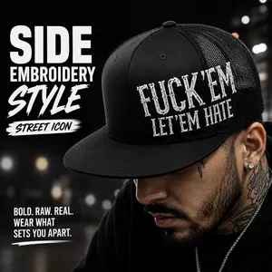Bold Statement Mesh Trucker Cap, Black Flat Brim Snapback Hat with White Raised Embroidery, Streetwear Baseball Cap for Men and Women