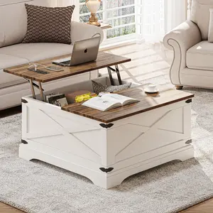 MIIFUNY Lift Top Coffee Table with Storage, Farmhouse Square Coffee Table for Living Room with Charging Ports, 31.5" Dining Table with Large Hidden Storage, White