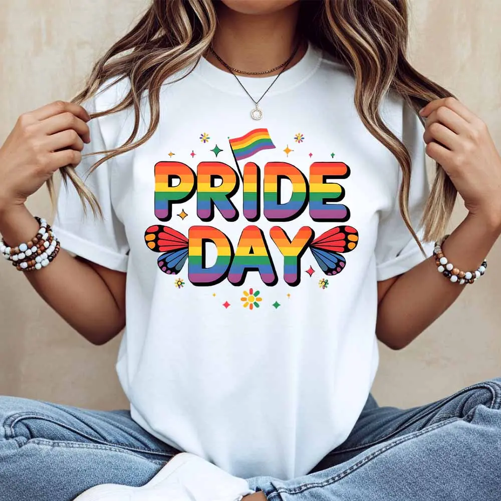 Pride Day Rainbow Flag Butterfly Print T Shirt White Crewneck Casual Wear For Pride Celebration And Everyday Activities