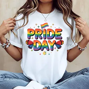 Pride Day Rainbow Flag Butterfly Print T Shirt White Crewneck Casual Wear For Pride Celebration And Everyday Activities