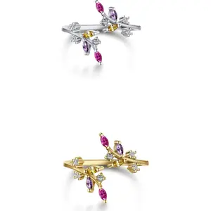 Colorful zircon leaves open ring s925 size 5,5.5