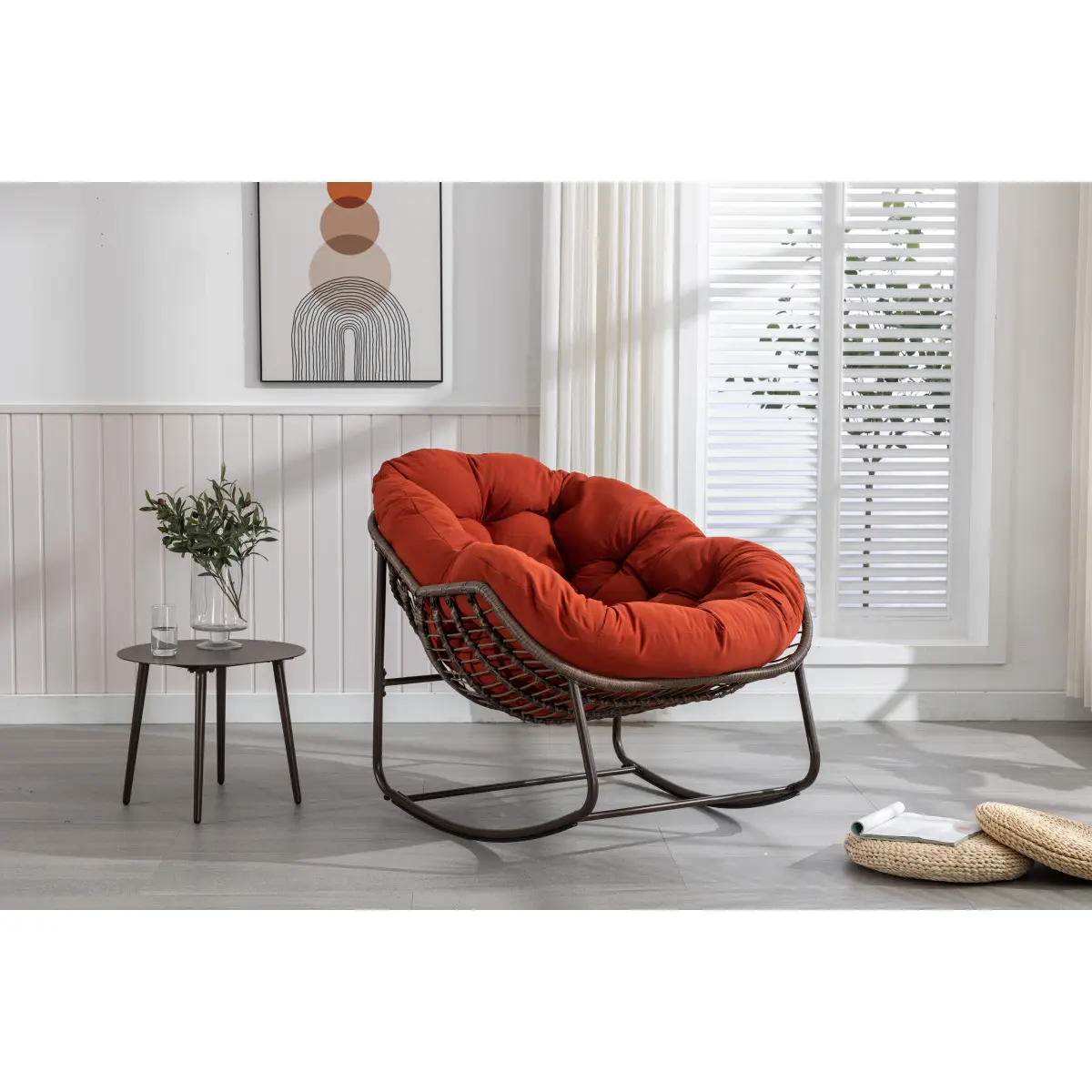 Oversize Outdoor Wicker Rocking Chair - Durable Rattan, All-Weather, Weather-Resistant, Hand-Woven Synthetic Rattan Steel Frame, Padded Cushion, Curved Back, Ergonomic Orange Seating, 250lbs Load Capacity for Front Porch, Patio, All-Weather Rocking Chairs