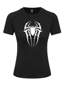 Spider Print Women's Short Sleeve Sports Tee, Summer Quick-Dry Breathable Elastic Tight-Fit Sportswear, Yoga Running Fitness Training Apparel, Gym Workout Tops, Gym Tees