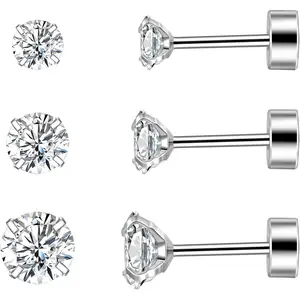 Cubic Zirconia Stud Earrings for Women Men 20G Stainless Steel CZ Studs Earrings Set Multi-Pack Sleeper Earrings for Cartilage Helix Lobe Piercing-3/4/5/6/7/8mm