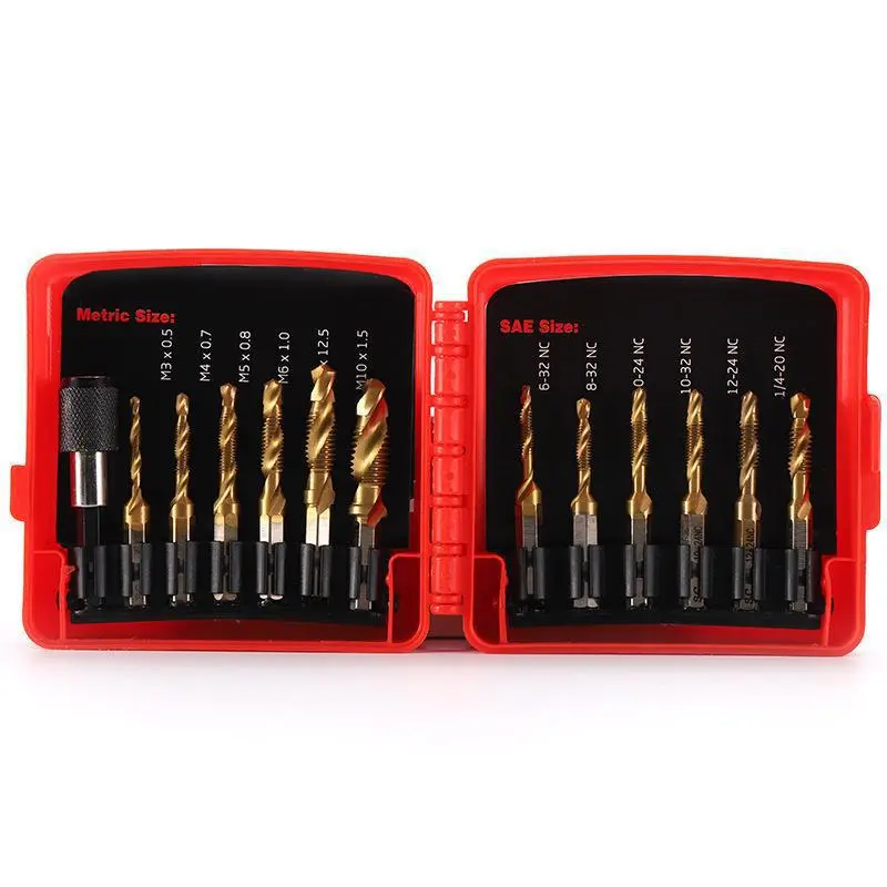 Titanium Tap Drill Bits Set  with Quick Change Adapter, 13 PC SAE/Metric Screw Taps, 3-in-1 Bit Tool for Drilling, Tapping and Countersinking Composite Tap Set