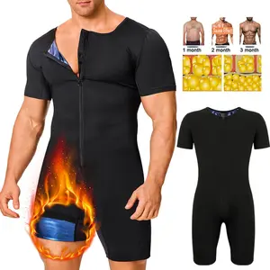 CATTIBOR Menswear Sauna Zip Front Bodysuit Shapewear,High Stretch Men Workout Full Body Shaper Tummy Control Short Sleeve Jumpsuit,Men Sport Shapewear For All Seasons