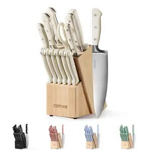 Carote 14 Pcs Knife Set with Wooden Block Stainless Steel Knives with Ergonomic Handle, Forged