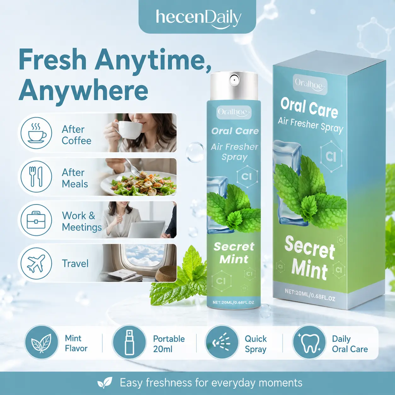 Mint Mouthwash Breath Freshener - 20ml (20g) Travel-Size Oral Care Solution, 24-Month Shelf Life, Stinky Breath Solutions for Youth, Post-Coffee Freshness & Post-Meal Use, 24 Months