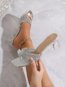 Women's Glitter Rhinestone Decor Transparent Heeled Sandals, Exquisite Trendy Chunky Heel Sandals, Fashionable Square Toe Sandal Shoes for Daily Wear, Elegant Party Shoes