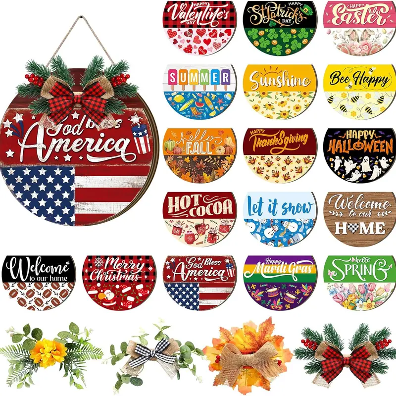 Gejoy Wooden Interchangeable Welcome Front Door Decoration - 17 Magnetic Icons, 4 Wreaths, Farmhouse Geese Door Hanger, Valentine's Day Romance Gift, Seasonal Decor Porch Accessories, Front Door Decorations, Valentines Day