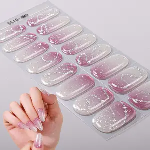 16 tips Gel Nail Full Wraps, Pink Gradient Nail Strips, Glitter Silver Stamping Design, Long-Lasting Self-Adhesive Short Full Nail Stickers, Press on Nail, One Time Use, for Women And Girls, No Requiring UV Curing, Easy to Apply Remove, Embellishments