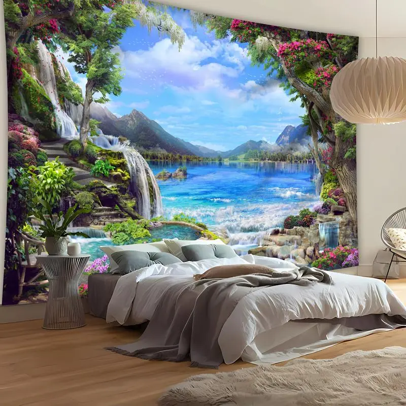 60x40 in Bright Synthetic Landscape Print Tapestry - Colorful, Skin-Friendly Polyester, Easy-Install, No-Power Wall Decor - Family Home Supply for Living Room, Bedroom, Machine Safe Gift Option