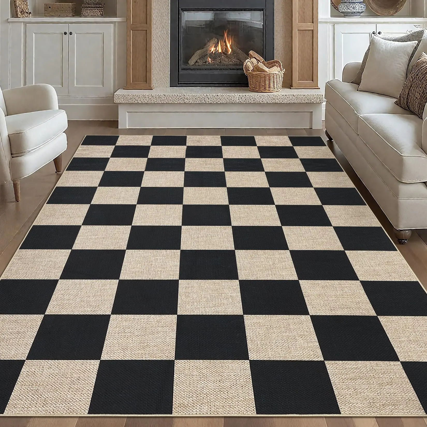 Garvee 8x10 Area Rugs for Living Room Checkered Rugs Machine Washable Non-Slip Easy Jute Indoor Outdoor Carpets for Farmhouse Dining Room Nursery Patio Black