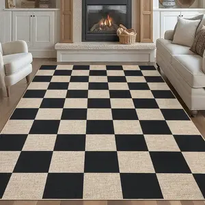 Garvee 8x10 Area Rugs for Living Room Checkered Rugs Machine Washable Non-Slip Easy Jute Indoor Outdoor Carpets for Farmhouse Dining Room Nursery Patio Black
