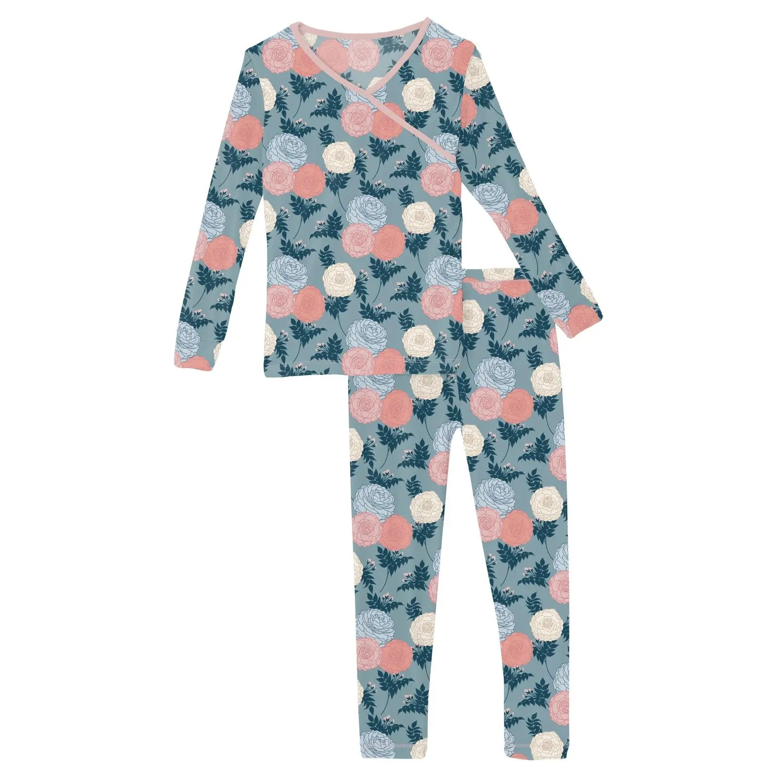 Print Long Sleeve Kimono Pajama Set in Stormy Sea Enchanted Floral