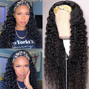 22 24 Inch Headband Curly Wigs Human Hair Deep Wave Wig Glueless Headband Wig None Lace Front Deep Wave Human Hair Wigs Machine Made Wigs Natural Color For Black Women