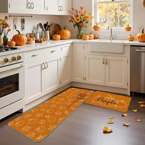 Farmhouse style kitchen carpet strip carpet, 2PC/3PCS, autumn watercolor pumpkin maple leaf scarecrow car pattern design, Thanksgiving holiday decoration, suitable for kitchen, laundry room, hallway, bathroom, entrance, Farmhouse Kitchen Rug