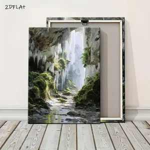 2D Flat, Framed Waterfall Wall Art - Snowmelt Cascade Limestone Cliff Nature Scene, Classic Wood Frame & Wrapped Canvas Print, Ready-to-Hang Indoor Decor for, Bedroom, Office - Landscape (Waterfall Landscape, 2D Flat	