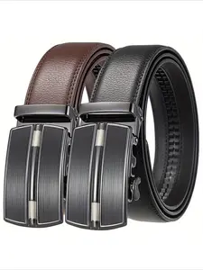 Men's PU Leather Ratchet Belt, Cool And Handsome Style, Adjustable Automatic Square Alloy Buckle Panel for Casual Business Wear, Metallic Buckle, Fashionable Metal Buckle, Adjustable Belts