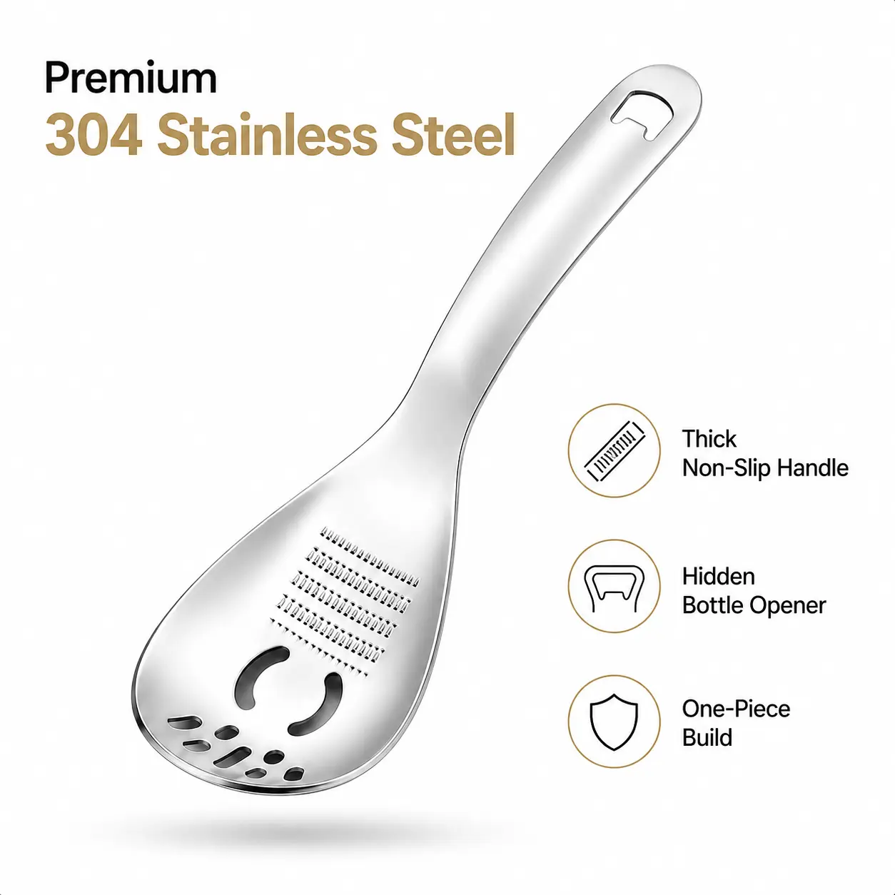 5-in-1 Stainless Steel Grinding Spoon, Garlic & Ginger Masher with Slotted Strainer for Quick Meal Prep, Easy-Clean Kitchen Gadget