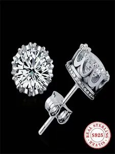 S925 Sterling Silver Crown Zircon Stud Earrings - Sparkling Crystal Inlaid, Elegant Royal Design, Hypoallergenic Fine Jewelry for Women, Perfect Gift for Wedding/Anniversary