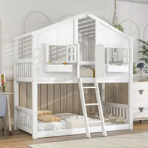 Twin over Twin House Bunk Bed  Roof , Window, Window  Box, Door ,  Safety Guardrails and Ladder
