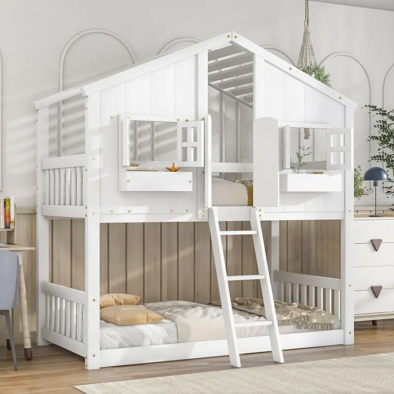 Twin over Twin House Bunk Bed  Roof , Window, Window  Box, Door ,  Safety Guardrails and Ladder