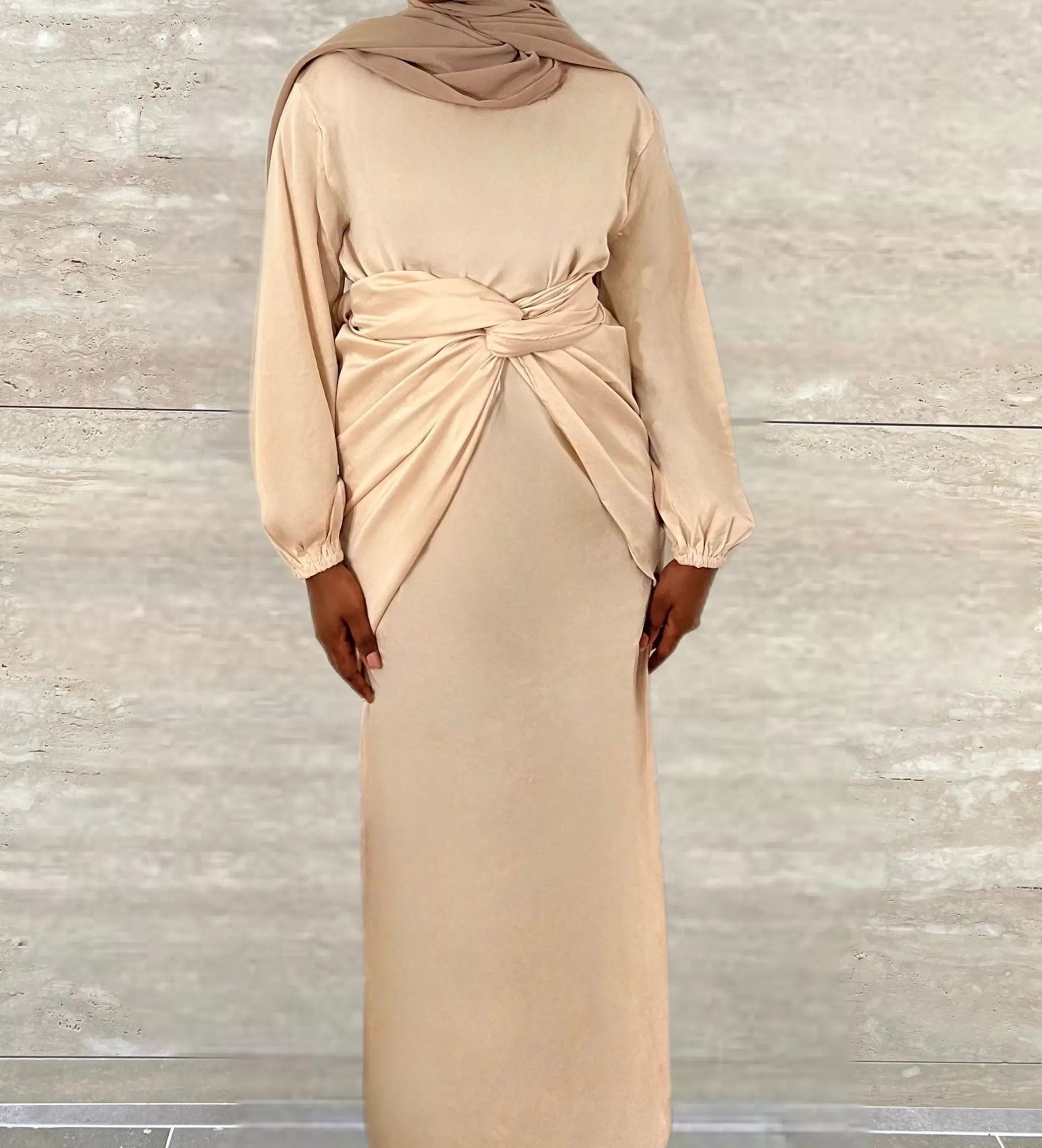 Salma 2 Piece Satin Wrap Dress - Beige