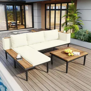 Modern Outdoor Patio Sectional Sofa Set - Weather-Resistant, Waterproof Conversation Set with Acacia Wood Side Table, Coffee Table, Thick Cushions for Patio Decor, Backyard Setup, Watch Party