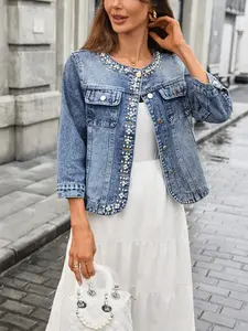 Elegant Women's Round Neck Rhinestone Denim Jacket, Stylish Outerwear for Ladies, Chic Top for Everyday Wear, Fashionable Clothing