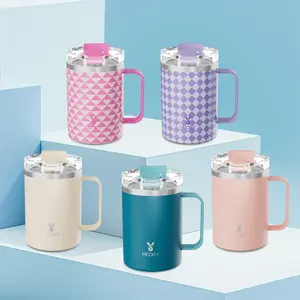 【MEOKY】NEW 14 oz Insulated Coffee Mug,Hot Water Mug,Stainless Steel Tumbler with Dual-Drinking Lid (Sip & Straw), Non-Slip Silicone Base, Perfect for Office, Home and School creative cup