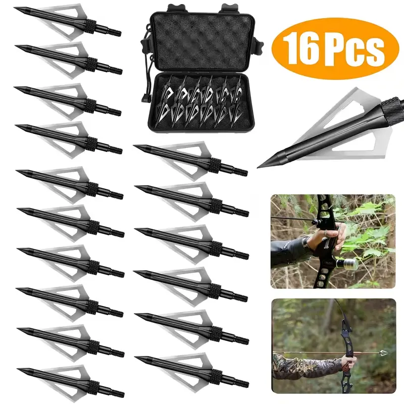 16pcs Archery Broadheads, 100 Grain Hunting Arrowheads with Storage Box, Compatible with Compound And Recurve Setups, Ideal for Outdoor Archery Practice, Hunting, Fishing - Gift for Bowhunters, Bow Accessories, Compact Design, Bow Hunting Accessory, 100 G