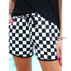 Women'S Casual Checkered Drawstring Shorts - Black and White, Loose Fit, Perfect for Spring/Summer, Relaxed Style, Casual Wear |   Checkered Pattern |   Drawstring Waistband, Shorts for Women