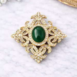 Emerald Ornate Vintage Brooch, Gold Filigree Pin, Crystal Statement Jewelry, Victorian Art Nouveau Style, Gift for Her
