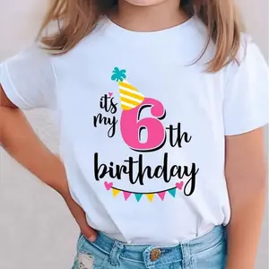 100% Cotton Girls' 6th Birthday T-Shirt, Cute Summer Round Neck Tee with Colorful Letter and Cake Graphics, White Birthday Party Outfit Top