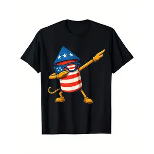4th Of July Patriotic Dabbing Firecracker Graphic T-shirt - 100% Cotton 180gsm Regular Fit Short Sleeve Tee With Vibrant Firework Design For Independence Day Celebrations & Casual Wear MADE IN USA,Unisex Crewneck T-shirt for Men And Women