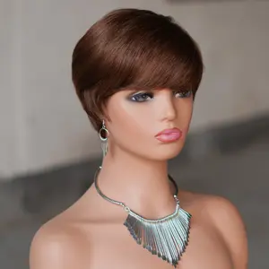 Glueless Short Pixie Cut Wig With Bangs, #4 Black Blonde Mix, 180% Density Brazilian Virgin Human Hair, Layered Machine Made 6 Inch, Natural Look Wig for Women Daily & Party Wear
