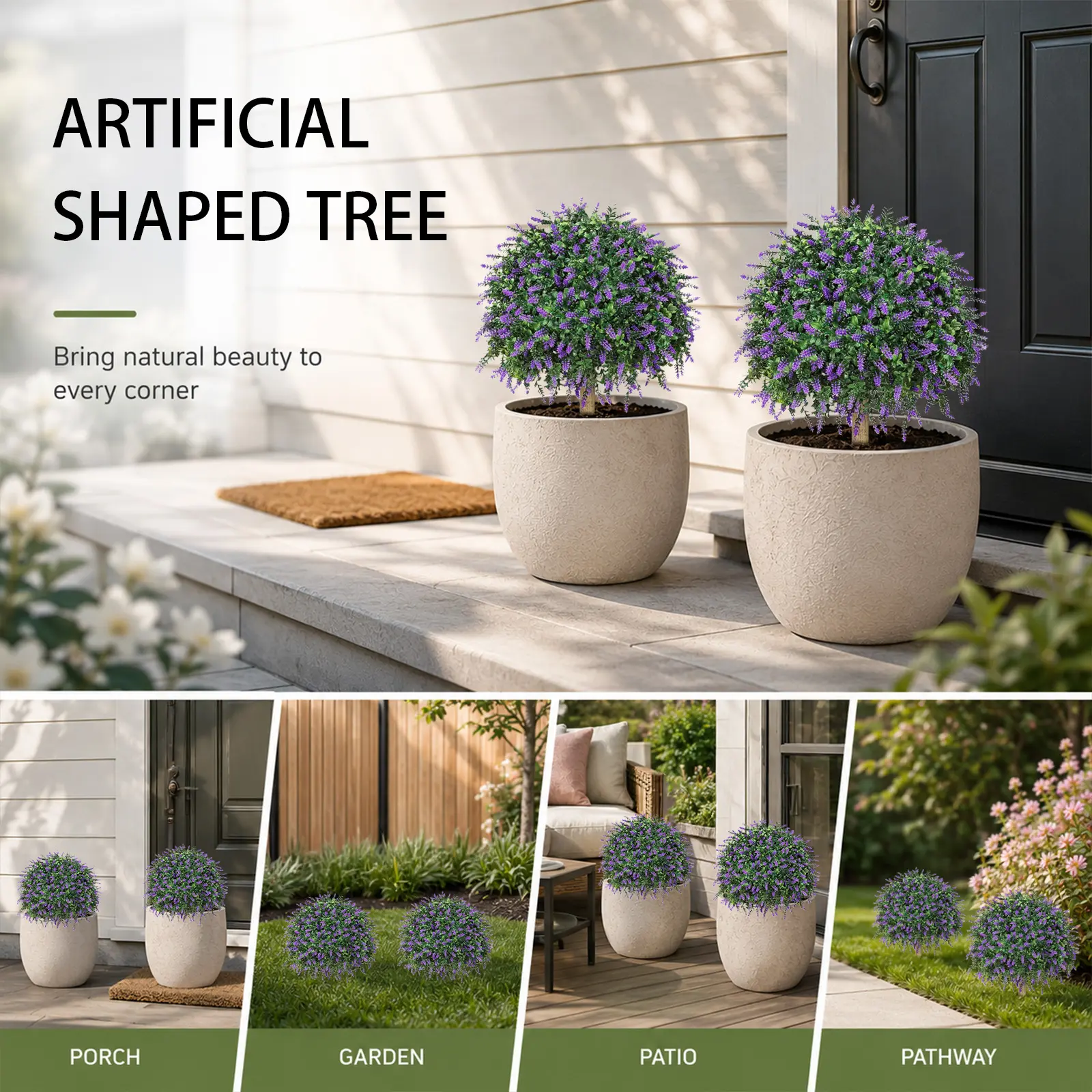 2-Pack Traditional Decorative Artificial Circle Lavender Topiary Tree Set with Detachable Ground Spike, UV-Resistant Weatherproof Faux Shrub, Low-Maintenance Flower Garden Decor for Front Door, Patio