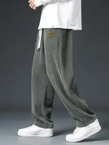 Men's Plain Drawstring Waist Corduroy Pants, Drippy Outfits, Casual Letter Patched Straight Leg Trousers for Outdoor, National Day Clothing, Going Out Outfit, Casual Streetwear Pants